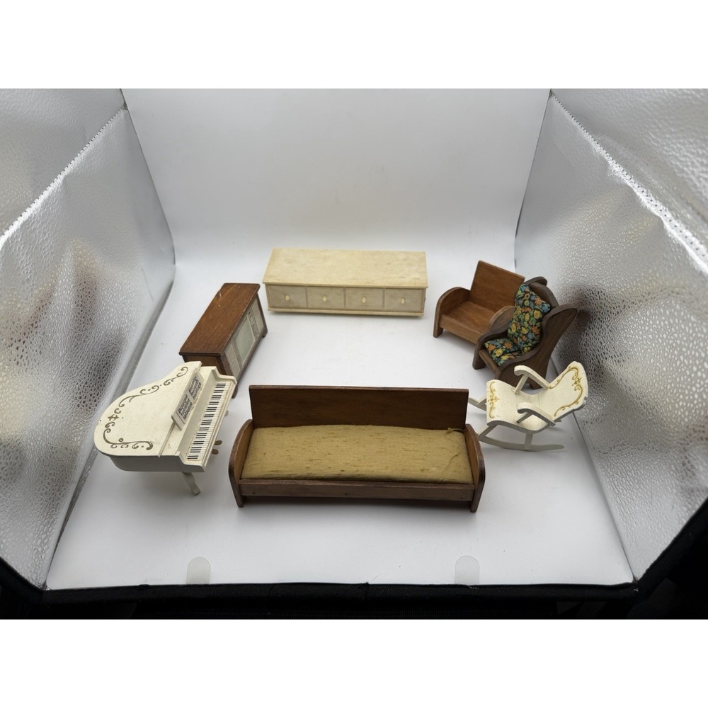 Vintage Dollhouse Miniature Furniture Lot – Piano Sofa Chairs TV Dresser
